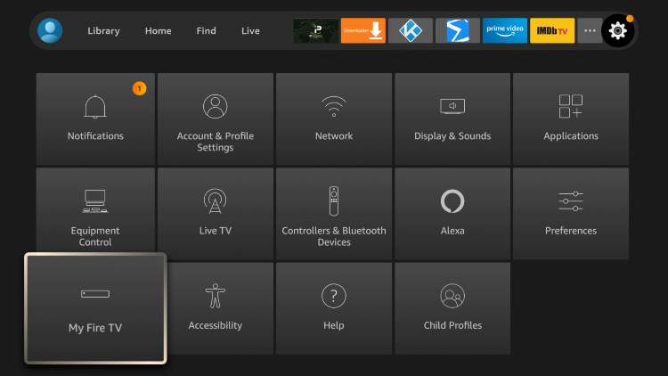 Return back to your home screen and hover over the Settings icon. Then scroll down and select My Fire TV.