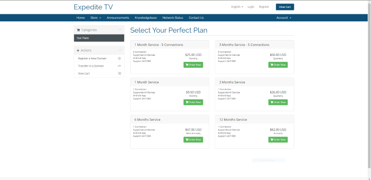 Expedite TV offers six different subscription plans.