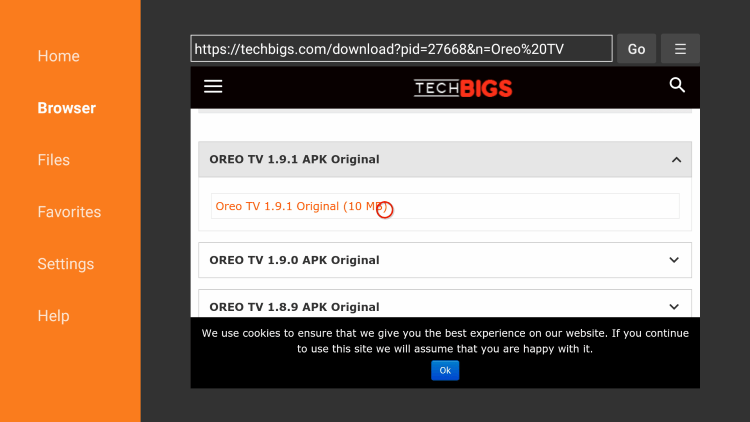 Scroll down and click the latest Oreo TV APK file.