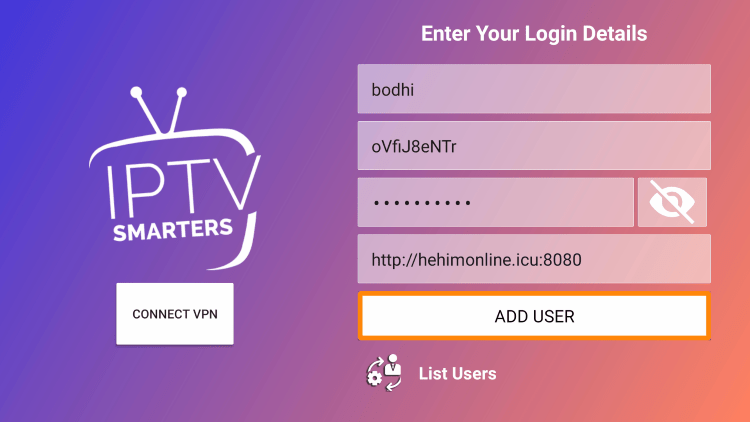 After you install the IPTV Gang application on your streaming device, you enter your account login information on this screen.