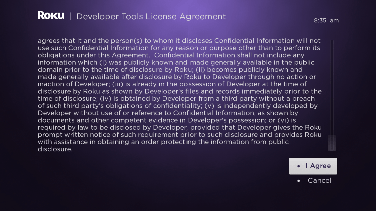 Scroll down and select I Agree to Developer Tools License Agreement for watching iptv on roku