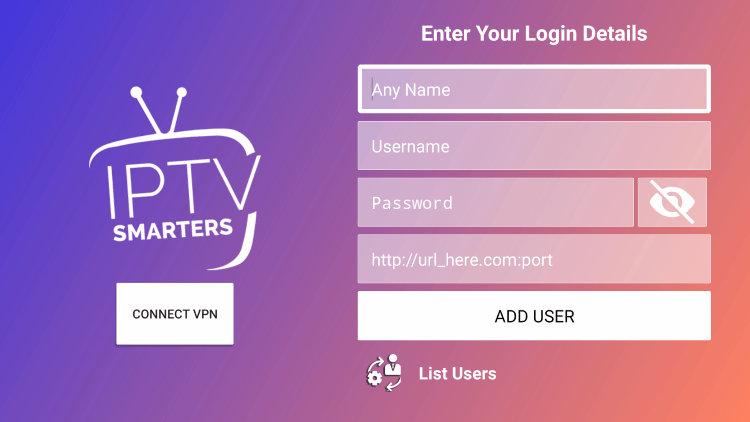 After you install the IPTV Smarters application on your streaming device, you enter your ResleekTV account login information on this screen.
