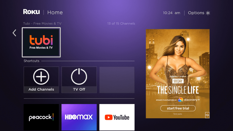 Return to the home screen and locate the Tubi channel to launch it.