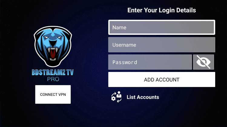 After you install the BD Streamz IPTV application on your streaming device, you enter your account login information on this screen.