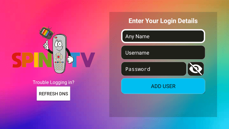 After you install the Spin TV application on your streaming device, you enter your account login information on this screen.