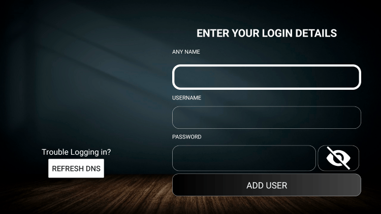 After installing the Willow Hosting IPTV application on your streaming device, enter your account credentials on this screen.