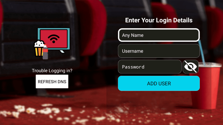 After you install the Cola IPTV application on your streaming device, you enter your account login information on this screen.