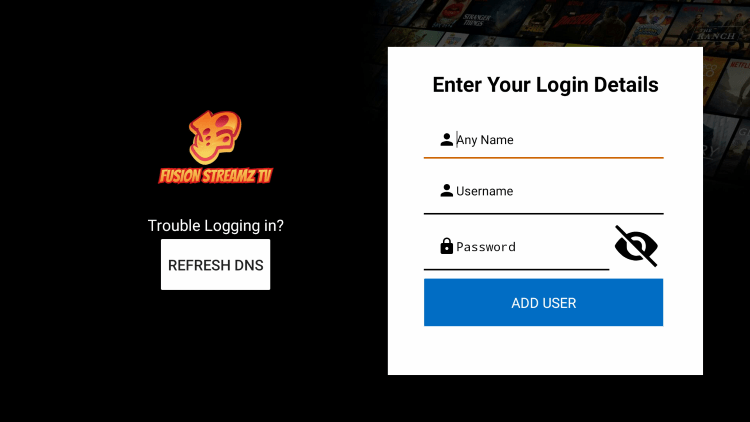 After you install the Fusion Streamz IPTV application on your streaming device, you enter your account login information on this screen.