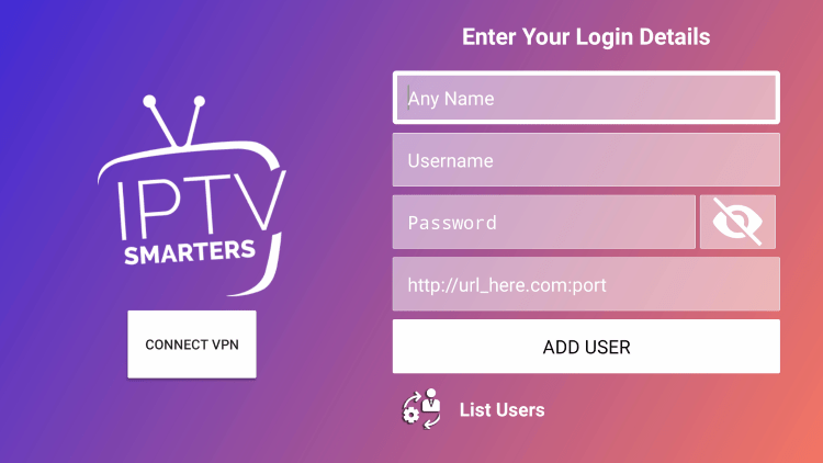 After you install the IPTV Smarters application on your streaming device, you enter your Joy IPTV account login information on this screen.