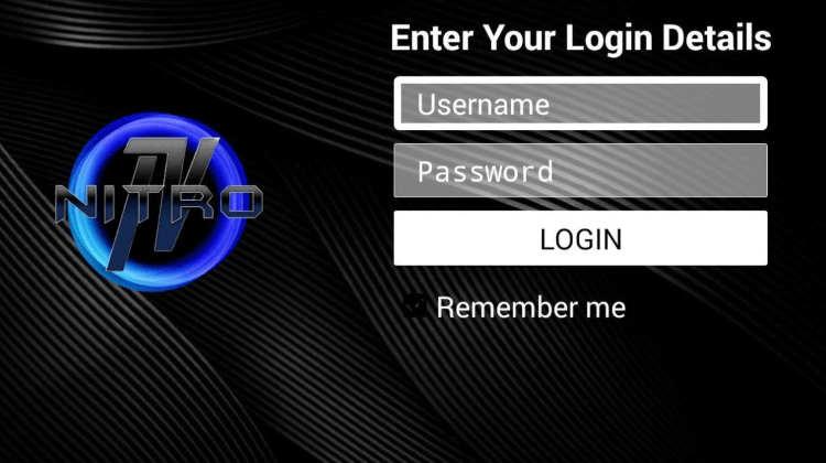 After you install the Nitro TV IPTV application on your streaming device, you enter your account login information on this screen.