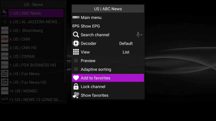 On the remote, click the Options button (3 horizontal lines), then scroll down and select Add to Favorites.