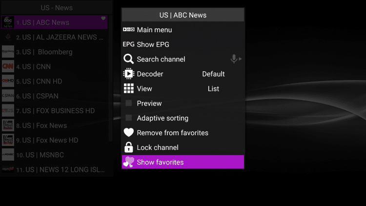 Your selected channel will then be added to your favourites.  To view your favourites, press and hold the option key again, then scroll down and select view favourites.