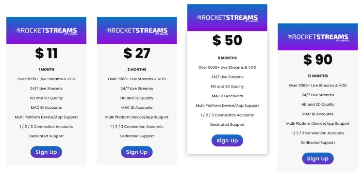 rocket streams iptv pricing