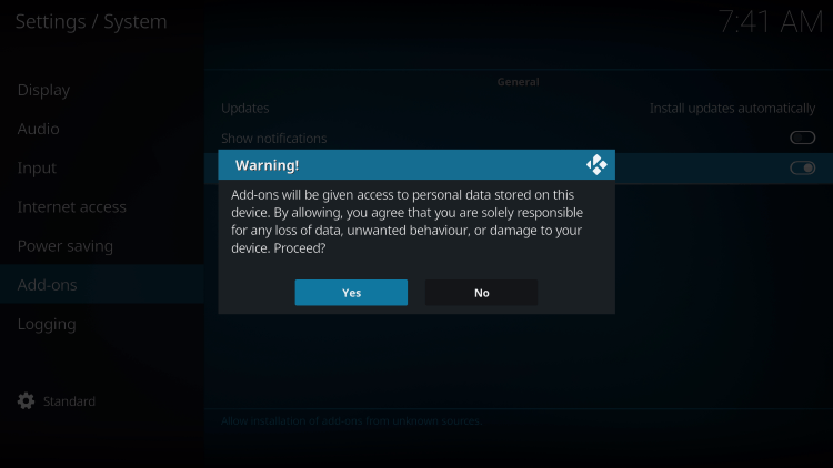 Kodi alerts us during setup that these third-party add-ons will be given access to personal data stored on our devices.
