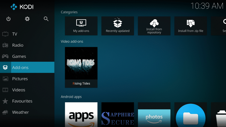 Return back to the home screen of Kodi and select Add-ons from the main menu.