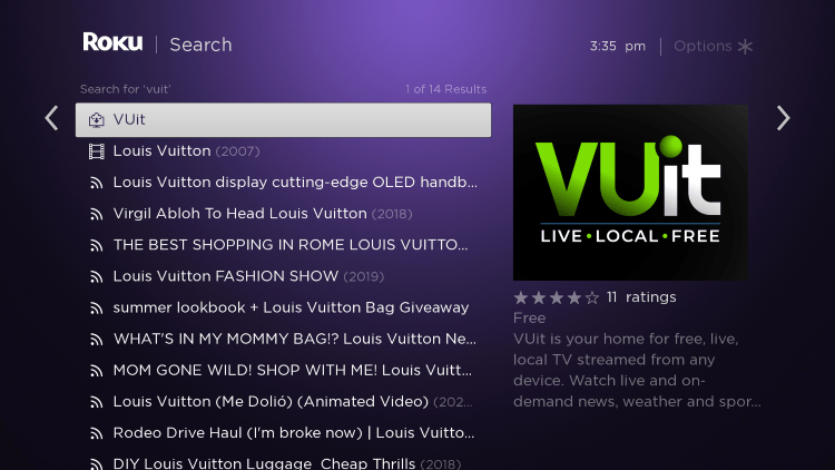 Scroll over and select the VUit channel.