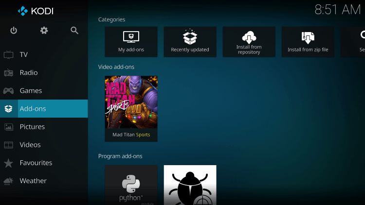Return to the Kodi home screen and select Add-ons from the main menu.