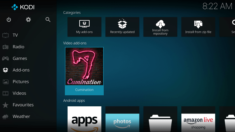 Return to the Kodi home screen and select Cumation from the main menu.