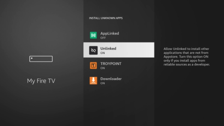 Prior to launching Unlinked APK, you will need to enable Install Unknown Apps within the developer options after you jailbreak a firestick