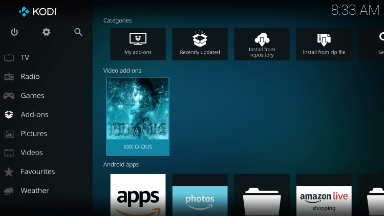 Return back to the home screen of Kodi and select XXX-O-DUS from the main menu.