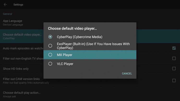 Click MX Player within cyberflix tv on firestick