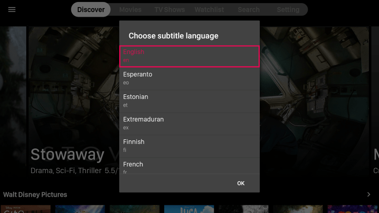 Choose your subtitle language.