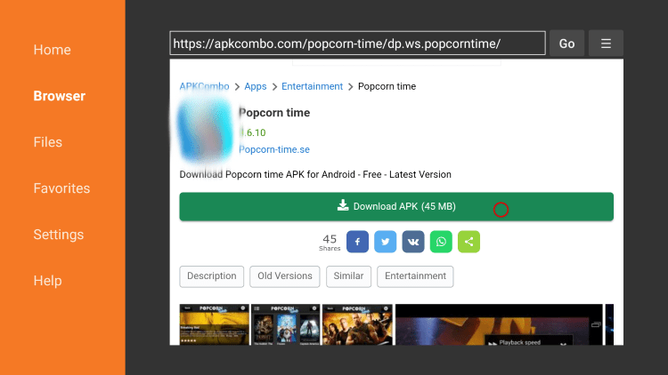 Scroll down and click Download APK for popcorn time