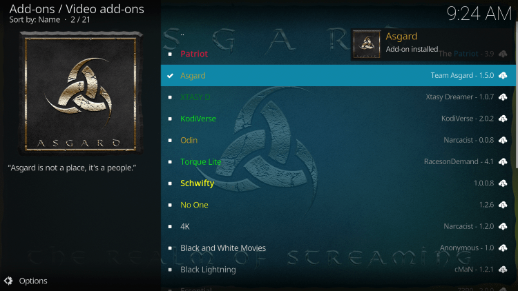 Wait for the Asgard Kodi Addon installed message to appear.