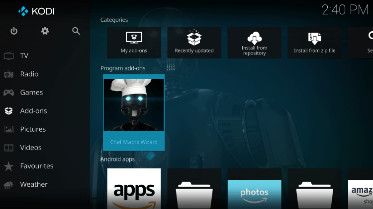 Return to the Kodi home screen and select Add-ons from the main menu.  Then select the Chef Matrix wizard.