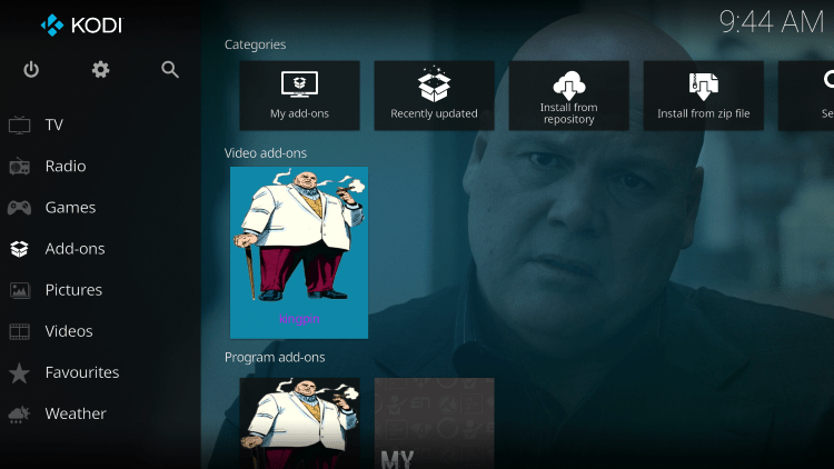 Return back to the home screen of Kodi and hover over Add-ons. Then select Kingpin.