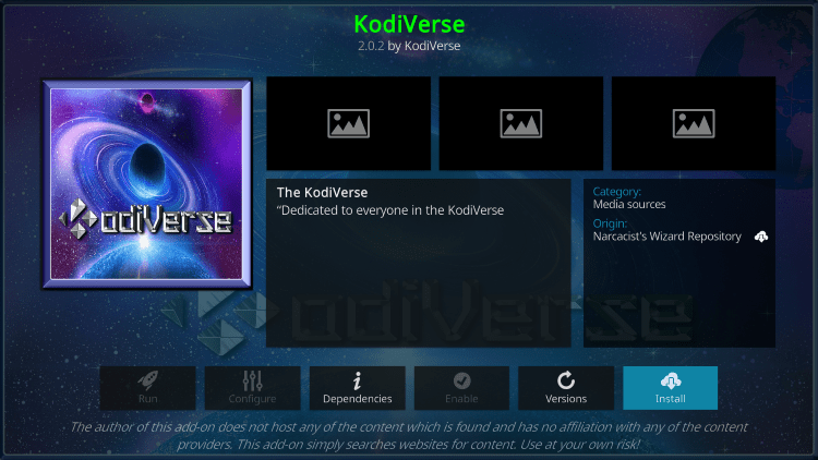 click install for kodiverse