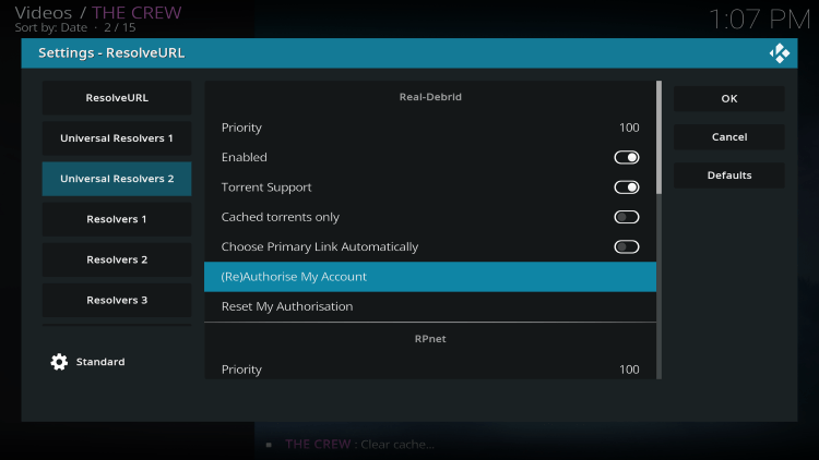 Authorize my account for real Debrid on Kodi