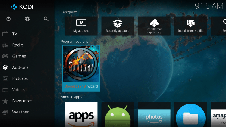 eturn back to the home screen of Kodi and select Add-ons from the main menu.
