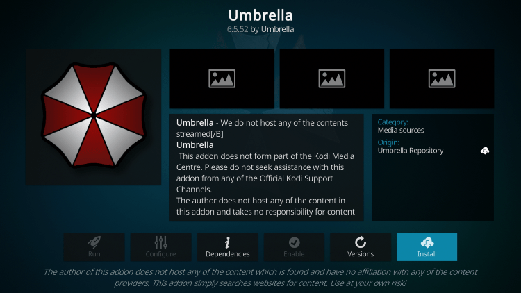 Click Install umbrella kodi addon