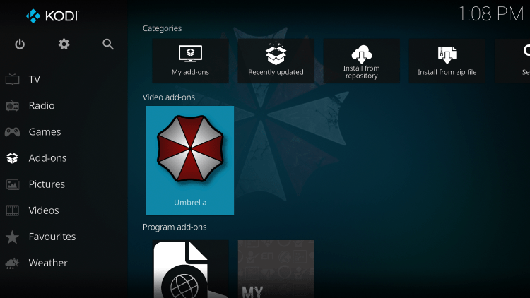 Return back to the home screen of Kodi and hover over Add-ons. Then select Umbrella.