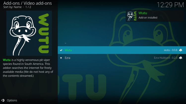 Wait for the Wutu Kodi Addon installed message to appear.