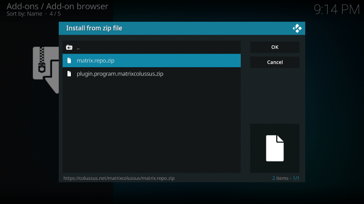 Click on the zip file URL to install the colussus kodi build