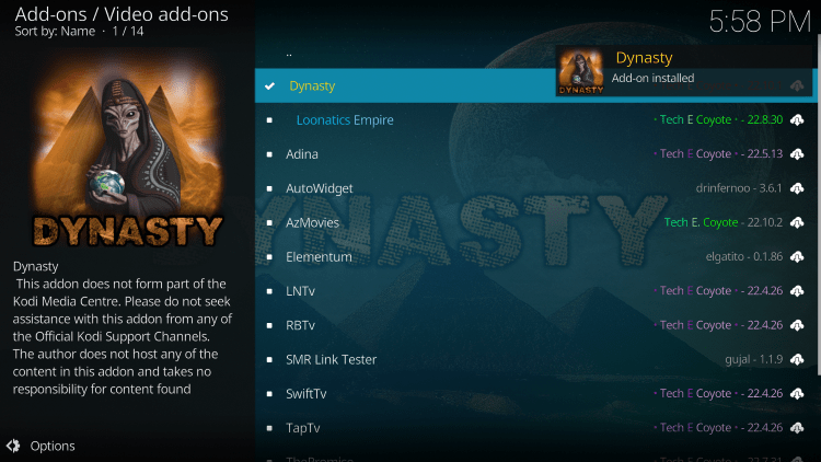 Wait for the Dynasty Kodi Addon installed message to appear.