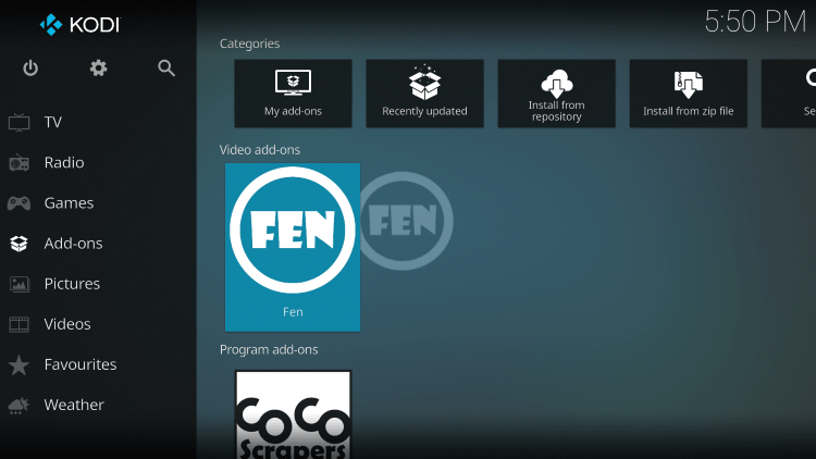 Return back to the home screen of Kodi and hover over Add-ons. Then select FEN.