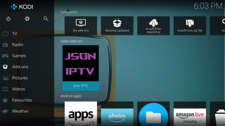 Return back to the home screen of Kodi and select Add-ons from the main menu. Then select Json.