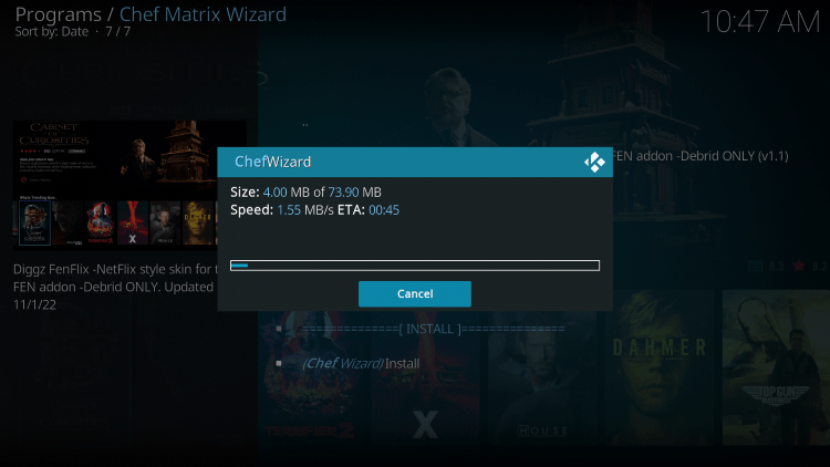 Wait a minute or two for the fenflix kodi build to download.