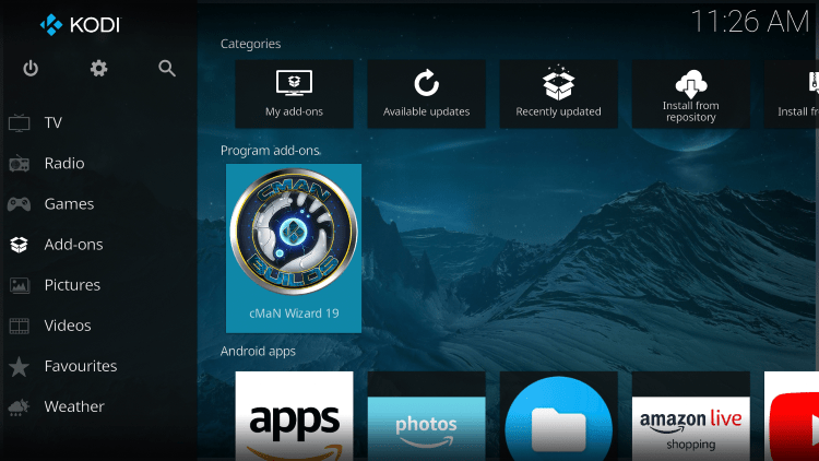 Return to the Kodi home screen and select Add-ons from the main menu.  Then select the cMaN wizard.