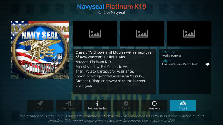 Click Install navyseal platinum kodi addon