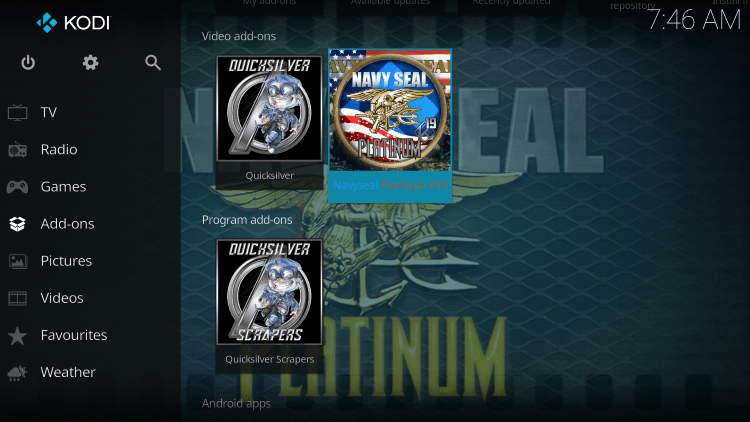 Return back to the home screen of Kodi and hover over Add-ons. Then select Navyseal Platinum.