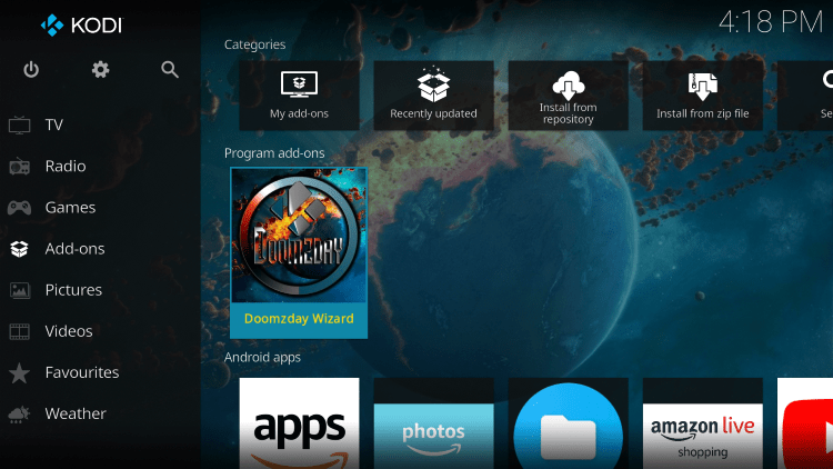 Return back to the home screen of Kodi and select Add-ons from the main menu. Then select Doomzday Wizard.