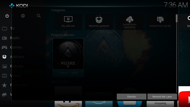 Return to the Kodi home screen and select Add-ons from the main menu.  Then select Stream Digital Wizard.