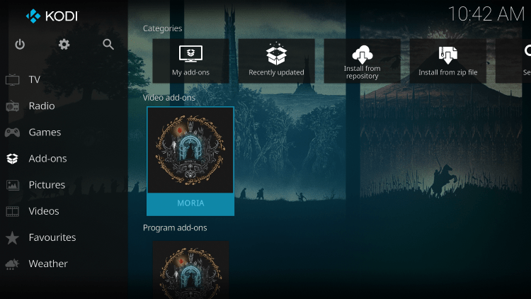 Return back to the home screen of Kodi and hover over Add-ons. Then select Moria.