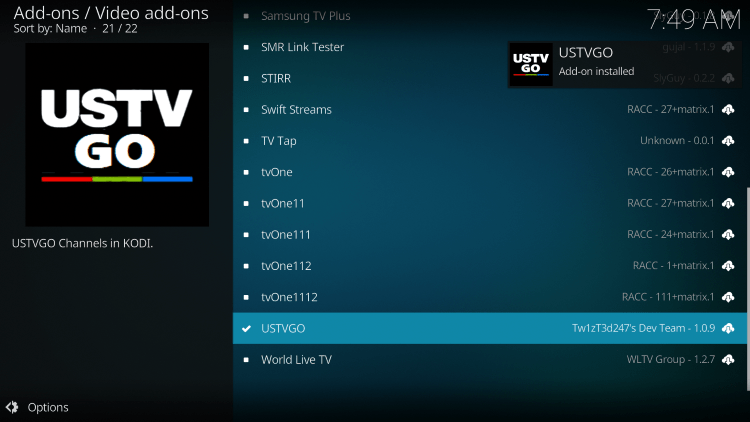 Wait a minute or two for the USTVGO addon installation message to appear.