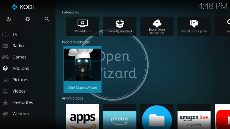 Return back to the home screen of Kodi and select Add-ons from the main menu. Then select Chef Matrix Wizard.