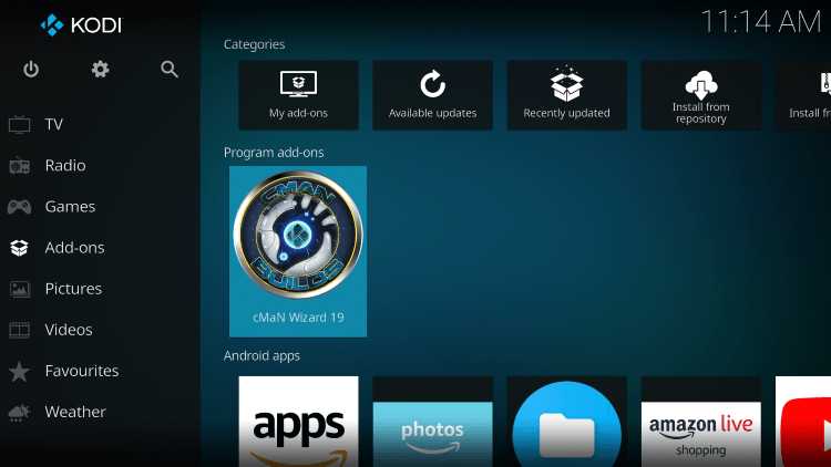 Return back to the home screen of Kodi and select Add-ons from the main menu. Then select cMaN Wizard.
